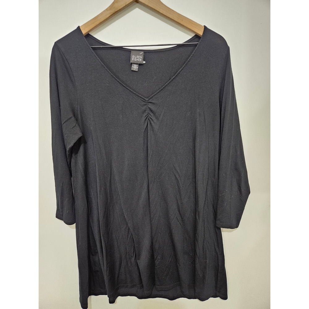 Eileen Fisher Black‎ Tencel Cashmere V-Neck Ruched Tunic Top Large R7TF-2